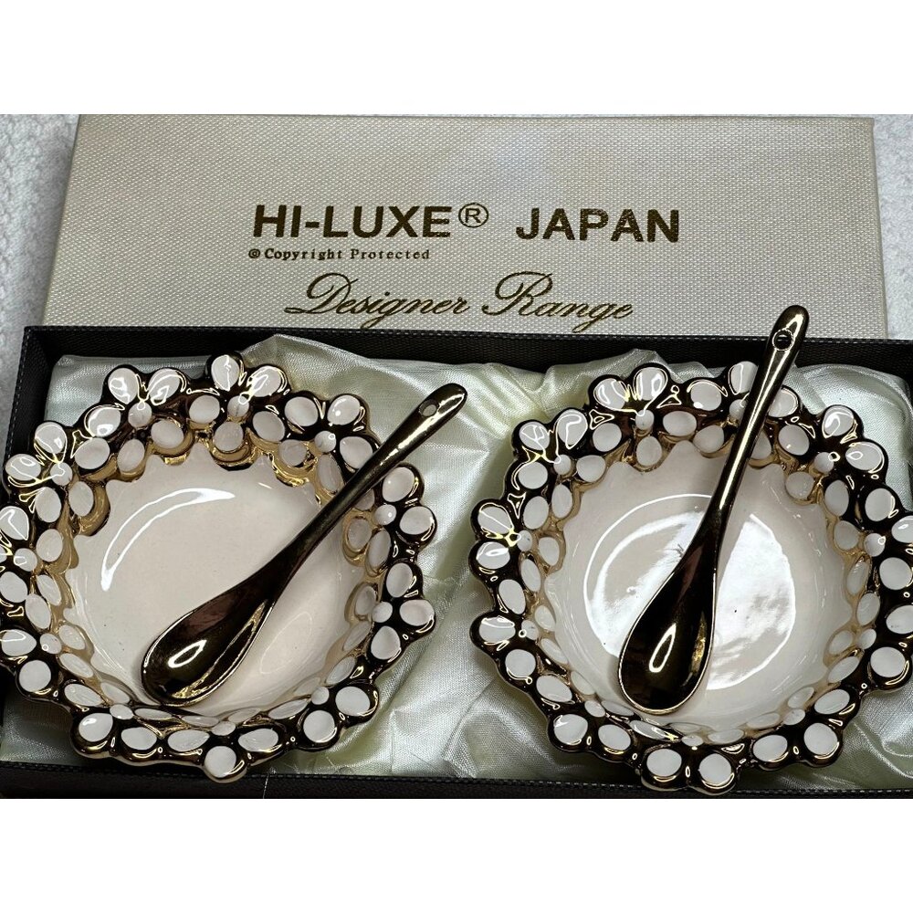 Hi Luxe Japan Designer Range 2 Pc Bowl Spoon Set White Gold Trim Tableware NOS